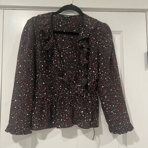 Madewell Women's Black Red White Blue Stars Silk Ruffle Blouse Medium‎